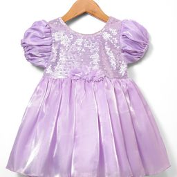 Babyhug Woven Half Sleeves Party Dress With Sequinned Yoke & Floral Corsage - Lavender-image-1