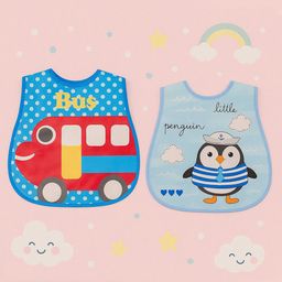 Badal Kidz Plastic Waterproof Baby Feeding Apron with BIB penguin design and bus design - Blue &Blue (Pack of 2)-11