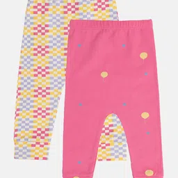 MINI KLUB Cotton Pack Of 2 Checked & Balloon Printed Leggings - White & Pink-picture-14