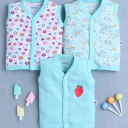 BUMZEE Cotton Knit Sleeveless Floral & Strawberry Printed Jablas Pack of 3 - Aqua Blue & White-image-50