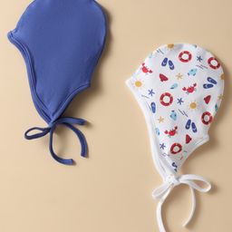 Ben Benny Interlock Knit Cap With Tie Knot & Beach Theme Print Pack Of 2 Navy Blue & White - Diameter 12.5 cm-image-1