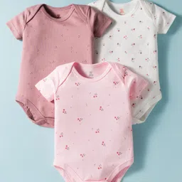 I Bears Interlock Knit Half Sleeves Onesies with Floral Print Pack of 3 - Pink Rose Gold & White-picture-19