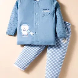 First Smile Interlock Knit Full Sleeves Night Suit with Animal Embroidery & Text Print - Blue-picture-1