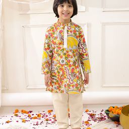 KID1 Cotton Woven Full Sleeves Madhubani Art Printed Kurta Pyjama Set - Yellow-image-83