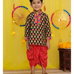 BownBee Pure Cotton Woven Navratri Theme Full Sleeves Elephant & Birds Printed Mirror Work Detailed Kurta Dhoti Set - Black-picture-5