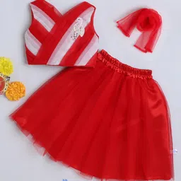 Many frocks & Net Satin Woven Sleeveless Pleated & Bird Patch Detailed Lehenga Choli With Dupatta - Red-picture-8