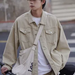 HERE&NOW Men Spread Collar Solid Cotton Casual Denim Jacket-image-19