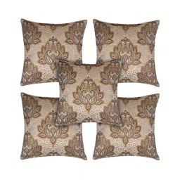 MONKDECOR Beige & Mustard 5 Pieces Ethnic Motifs Velvet Square Cushion Covers-image-2