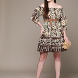 Label Ritu Kumar Ethnic Motifs Print Off-Shoulder Puff Sleeve A-Line Dress-image-26