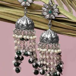 Karatcart Oxidized Silver-Plated Green Beads And Kundan Studded Jhumki Earrings for Women-27