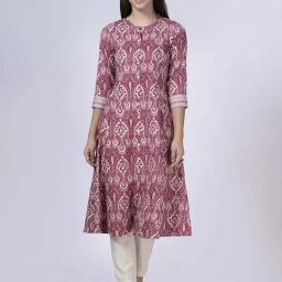 Saffron Threads Pink Cotton Printed A-Line Kurta-17