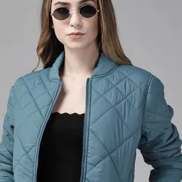 Roadster Women Teal Blue Solid Quilted Jacket-12