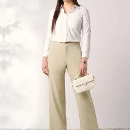 Globus Women Light Beige Mid Rise Straight Fit Adjustable Button Hem Korean Pants-picture-20
