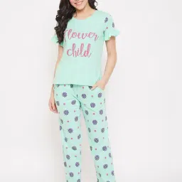 Clovia Green Graphic Print Top With Pyjamas-image-69