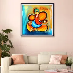 999store Blue & Orange Lord Ganesha Printed Canvas Painting-10