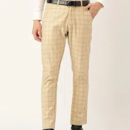 Sojanya Beige Cotton Regular Slim Fit Checks Flat Front Trousers-image-64