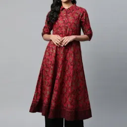 YASH GALLERY Maroon Cotton Printed Flared Kurta-picture-11