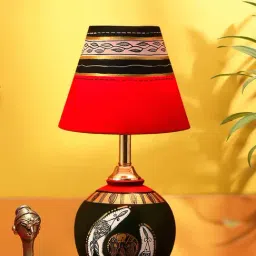 ExclusiveLane 'Madhubani Shimmers' Hand-Painted Pot Shaped Round Table Lamp In Terracotta-image-2