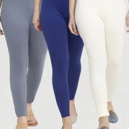 Gracit Grey & Blue Mid Rise Leggings - Pack Of 3-image-81
