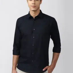 V Dot Navy Blue Cotton Slim Fit Printed Shirt-image-22
