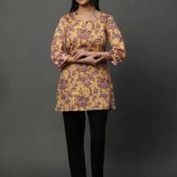 Aurelia Yellow Cotton Floral Print Straight Kurti-image-68