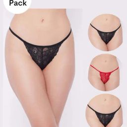 Secrets By ZeroKaata Black & Red Lace Work Thong Panty - Pack Of 3-image-31
