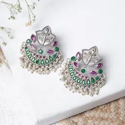 Teejh Nimrat Green & Maroon Stone Silver Oxidized Drop Earrings image 1