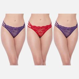Secrets By ZeroKaata Red & Purple Lace Work Bikini Panty - Pack Of 3-image-24
