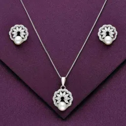 Kai Jewel Sterling Classic Pattern Diamond & Pearl Pendant with Chain & Earrings Set for Women-image-52