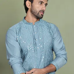 Jompers Geometric Embroidered Mirror Work Mandarin Collar Straight Kurta With Pyjama-25
