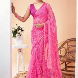 Satrani Pink Printed Saree With Unstitched Blouse-image-87