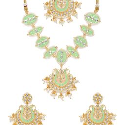 Zaveri Pearls Green & Beige Gold-Plated Meenakari Kundan Jewellery Set-image-7