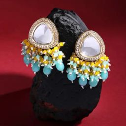 Zaveri Pearls Turquoise & Yellow Cluster Beads Embellished Kundan Drop Earrings-ZPFK15638-12