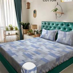Klotthe Blue & Grey 400 TC Cotton Double Elastic Book Fold Bedsheet with 2 Pillow Covers-image-27