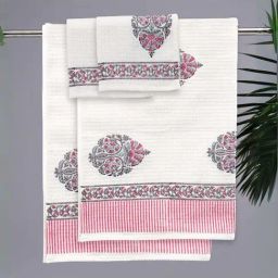 Peepul Tree White & Pink Cotton 400 GSM Bath Towel & Hand Towel Set-22