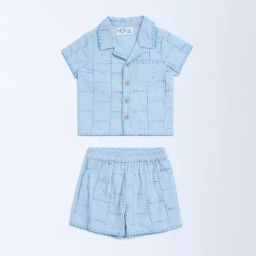 HOP Baby by Westside Blue Schiffli Detailed Cotton Shirt and Shorts Set-image-51