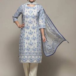 Biba Blue & White Cotton Printed Kurta Pant Set With Dupatta-image-37