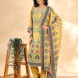 Yufta Yellow Straight Fit Ethnic Motifs Kurta Trouser Set With Dupatta-image-18