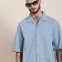 HERE&NOW Pure Cotton Relaxed Fit Seersucker Casual Shirt-picture-4
