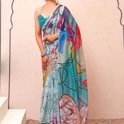 Satrani Multicolored Floral Print Saree With Unstitched Blouse-image-31