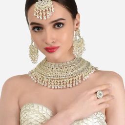 Zaveri Pearls Gold Tone Bridal Kundan Choker Necklace Earring Maangtikka & Ring Set-ZPFK12221-13