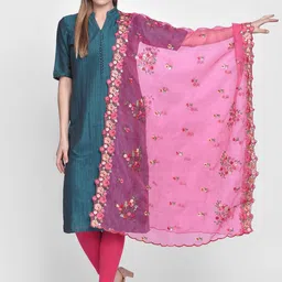 Dupatta Bazaar Pink & Green Embroidered Organza Dupatta-48