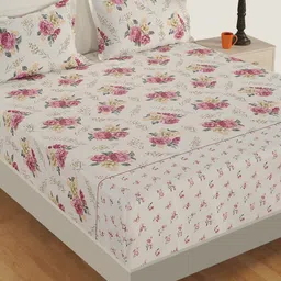 SWAYAM Off-White & Purple Floral Fitted 250 TC Cotton 1 Queen Bedsheet with 2 Pillow Covers-image-72