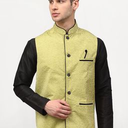 Jompers Men Green & Black Woven-Design Nehru Jacket-22