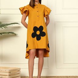 DEEBACO Women Printed Flutter Sleeves A-Line Cotton Dress-image-13