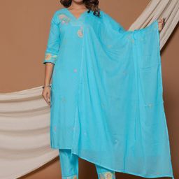 V.S.Creation Floral Embroidered Pure Cotton V-Neck Straight Kurta With Trousers & Dupatta-image-49