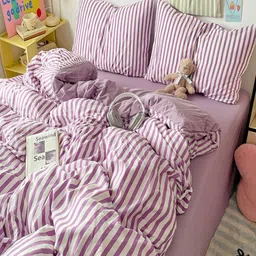 JC HOME Purple & White Striped Polycotton 3 Piece Single Regular Bedding Set-46