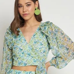 ANVI Be Yourself Green & Blue Floral Printed Waist Tie Ups Chiffon Crop Wrap Top-image-62