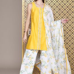 House of Pataudi Women Jashn Floral Printed Zari Work Kurta With Palazzos & Dupatta-picture-10