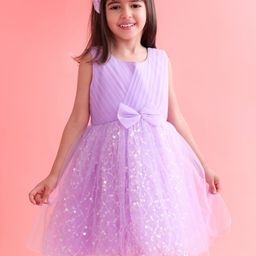 Babyhug Woven Sleeveless Sequinned Party Frock with Bow - Lavender-picture-19